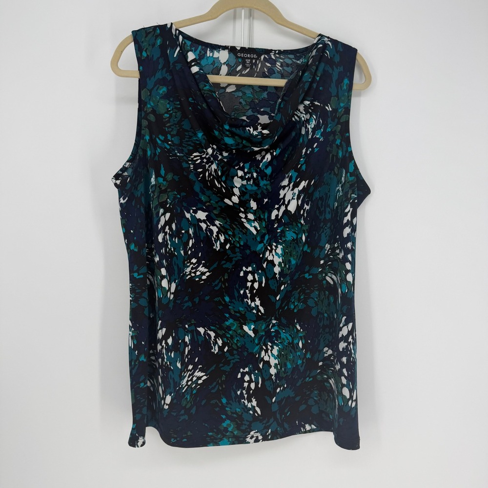 George Cowl Neck Top Womens 1X Teal Palette Abstract Sleeveless Office Versatile